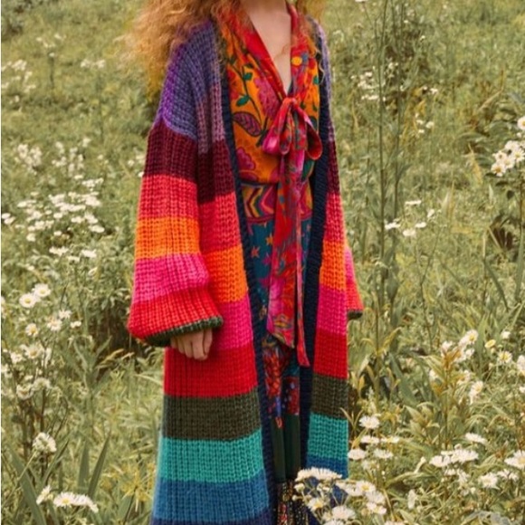 Farm Rio Oversized Long Multicolored Striped Cardigan Gently Loved Some Piling - Picture 2 of 6